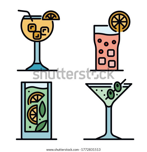 Cocktail icons set. Outline set of cocktail\
vector icons thin line color flat on\
white