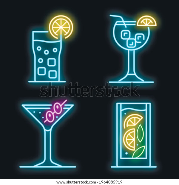 Cocktail icons set. Outline set of cocktail vector\
icons neon color on\
black