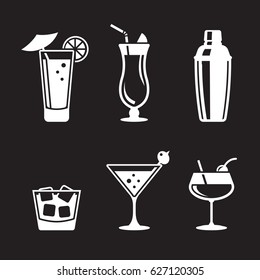 Cocktail icons set. White on a black background