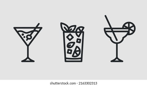 Cocktail icons. Simple outline cocktail icons isolated on grey background. Icons for web design, app interface. Vector illustration