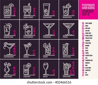 Cocktail icons, top cocktails set line icons, cocktail ingredients pictograms, drinks vector icons, beverages, alcohol, cocktails infographic, food and drinks signs and symbols on black background