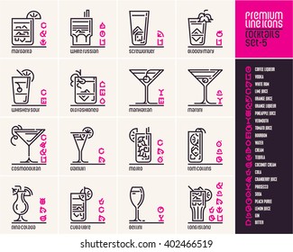 Cocktail icons, top cocktails set line icons, cocktail ingredients pictograms, drinks vector icons, beverages, alcohol, cocktails infographic, food and drinks signs and symbols