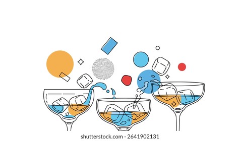Cocktail Illustration Art with Splashing Colors and Ice Cubes