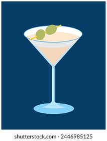 Cocktail. An illustration of classical drink in glass. Vector illustration of summer cocktail. Banner with soft or alcohol drinks. Сocktail in a glass with olive