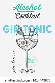 Cocktail illustration - gin tonic for restaurant on vintage background. Vector hand drawn alcohol drinks icons for bar and pub. Design with lettering and sketch elements.