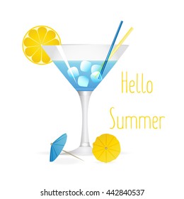 cocktail illustration with "hello summer" lettering