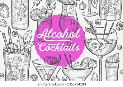 Cocktail illustration - margarita, mojito, gin tonic, mimosa, pina colada, long island, manhattan, martini for restaurant. Vector hand drawn alcohol drinks for bar and pub. Design with lettering.