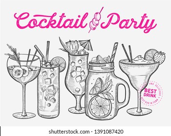 Cocktail illustration - margarita, mojito, gin tonic, mimosa, pina colada, long island, manhattan, martini for restaurant. Vector hand drawn alcohol drinks for bar and pub. Design with lettering.