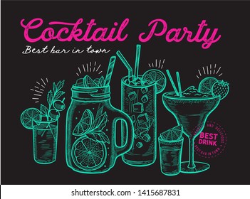 Cocktail illustration - margarita, mojito, gin tonic, mimosa, pina colada, long island, manhattan, martini for restaurant. Vector hand drawn alcohol drinks for bar and pub. Design with lettering.