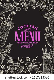 Cocktail illustration - margarita, mojito, gin tonic, mimosa, pina colada, long island, manhattan, martini for restaurant. Vector hand drawn alcohol drinks for bar and pub. Design with lettering.