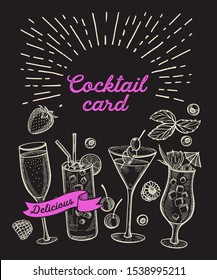 Cocktail illustration - margarita, mojito, gin tonic, mimosa, pina colada, long island, manhattan, martini for restaurant. Vector hand drawn alcohol drinks for bar and pub. Design with lettering.