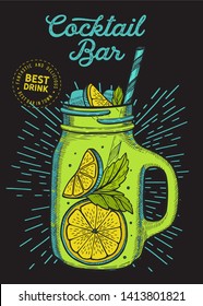 Cocktail illustration - mojito for restaurant on vintage background. Vector hand drawn alcohol drinks icons for bar and pub. Design with lettering and sketch elements.