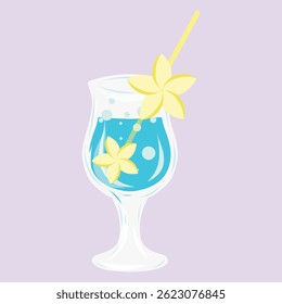 Cocktail illustration on a colorful background, Blue Garnished beverage graphic print. Flowers, bubbles, cocktail straw. Vector illustration for cards, designs, postcards, icons, etc	