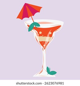 Cocktail illustration on a colorful background, Orange Garnished beverage graphic print. Leaves, bubbles, cocktail umbrella. Vector illustration for cards, designs, postcards, icons, etc