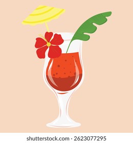 Cocktail illustration on a pastel background, Red Garnished beverage graphic print. Flowers, leaves, cocktail umbrella. Vector illustration for cards, designs, postcards, icons, etc	