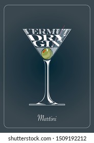 cocktail illustration recipe, typography, dry gin, vermut, olive, original illustration of cocktail glass shape, white color
