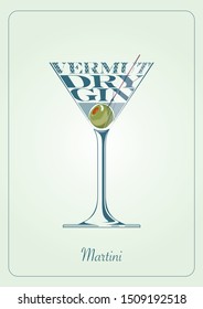 cocktail illustration recipe, typography, dry gin, vermut, olive, original illustration of cocktail glass shape, blue green color
