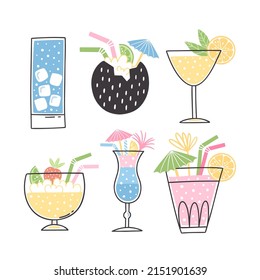 Cocktail illustrations in hand drawn style. Colorful summer clipart set. Isolated vector holiday design with decorative elements. Juicy tasty beverages.