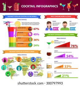 Cocktail infographics set with drinks collection and charts vector illustration