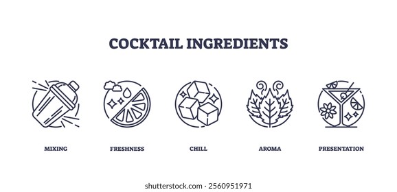 Cocktail ingredients outline icons depict mixing, freshness, chill, aroma, and presentation. Outline icons set