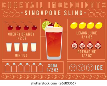 Cocktail Ingredients : Singapore Sling :Vector Illustration 