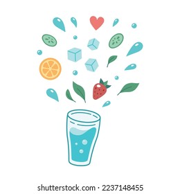 Cocktail ingredients splashing from bar glass. Cocktail making concept. Hand drawn Vector illustration, flat design, isolated on white background.
