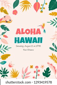 Cocktail invitation with flowers, birds and palm leaves.