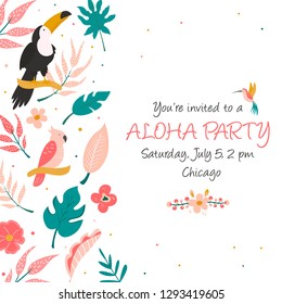 Cocktail invitation with flowers, birds and palm leaves.