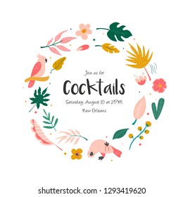 Cocktail invitation with flowers, birds and palm leaves.