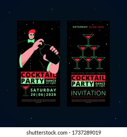 Cocktail invitation. A flyer or poster design on which the bartender holds a cocktail shaker on a black background. Vector illustration