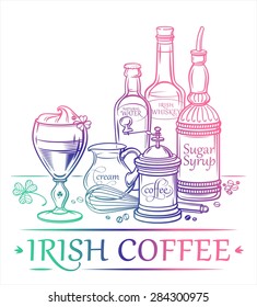 Cocktail Irish Coffee with ingredients (Irish Whiskey, sugar syrup, water, coffee, cream) and barman's instruments