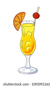 Cocktail isolated. Summer drink with ice. Vector illustration for a cocktail party. Hand drawing. Yellow juice with a slice of orange and cherry.