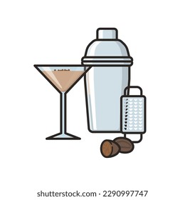 Cocktail isolated vector illustration with shaker, nutmeg and grater for Brandy Alexander Day on January 31