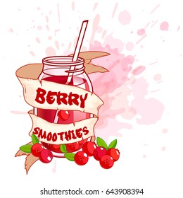 Cocktail jar with a cranberry smoothie. Vector illustration on a white background with splashes of juice.