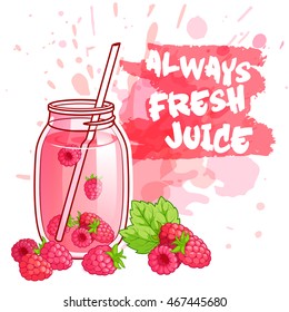 Cocktail jar with raspberry juice. Vector illustration on a white background with spots.