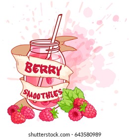 Cocktail jar with a raspberry smoothie. Vector illustration on a white background with splashes of juice.