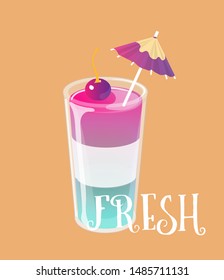 Cocktail jelly shot with cherry on top. Fresh sweet drink ads concept. Vector illustration.