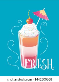 Cocktail jelly shot with cream and cherry on top. Fresh sweet drink ads concept. Vector illustration.