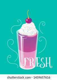 Cocktail jelly shot with cream and cherry on top. Fresh sweet drink ads concept. Vector illustration.
