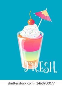 Cocktail jelly shot with cream and cherry on top. Fresh sweet drink ads concept. Vector illustration.