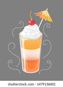 Cocktail jelly shot with cream and cherry on top. Fresh sweet drink ads concept. Vector illustration.