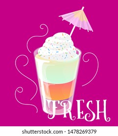 Cocktail jelly shot with cream topping. Fresh sweet drink ads concept. Vector illustration.