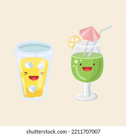 Cocktail, juice with ice. Vector icon cute illustration. Sticker kawaii cartoon logos. Drink concept.  Flat cartoon style suitable for web landing page, banner, sticker.