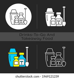Cocktail kits dark theme icon. Alcoholic drink recipes from bartenders. Cocktail shaker. Bar experience at home. Linear white, simple glyph and RGB color styles. Isolated vector illustrations