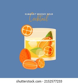 Cocktail With Kumquat, Whisky, Mint In Short Glass. Spring Tropical Beverage. Bar Summer Menu. Colorful Vector Illustration Of Kumquat Whiskey Sour