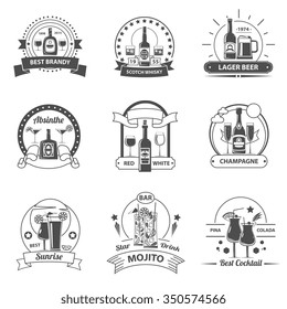 Cocktail label set with premium quality strong liquids beer and wine elements isolated vector illustration