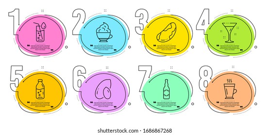 Cocktail, Latte and Cappuccino cream signs. Timeline steps infographic. Beer bottle, Water glass and Peanut line icons set. Water bottle, Brazil nut symbols. Craft beer, Soda drink. Vector