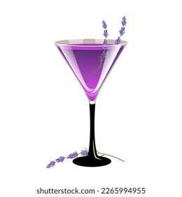 Cóctel con flores de pasto de lavanda. Martini de lavanda.Ilustración vectorial.