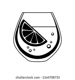 Cocktail with lemon in classic glass. Black and white vector icon isolated on white background. Glyph is symbol of an alcoholic beverage