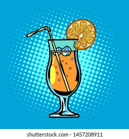 cocktail with lemon drink with straw and ice. Comic cartoon pop art retro vector drawing illustration